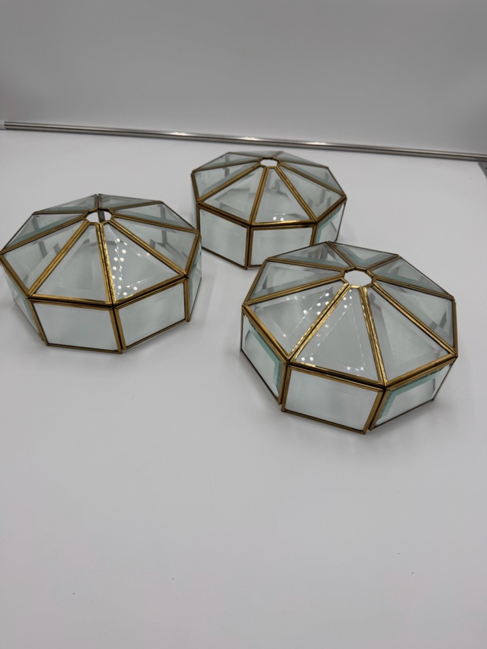 Vintage Brass and Beveled Glass Light Fixture/Shade Whimsical MCM - Set Of 3